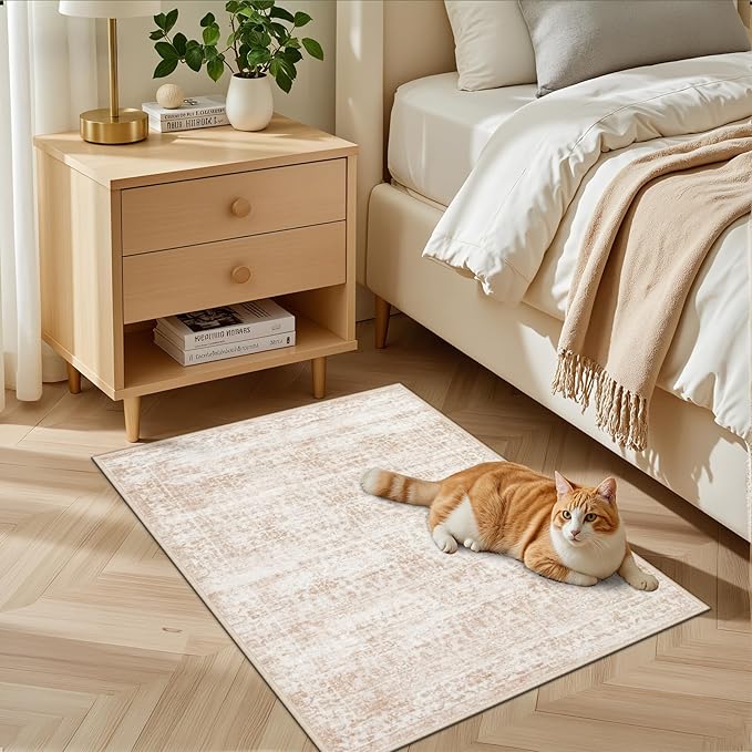 2x3 Area Rugs Living Room Rug: Washable Vintage Boho Rug No Slip Stain Resistant Soft Carpet Indoor Floor Floral Large Carpets for Bedroom Dining Room Farmhouse Nursery Hallway Home Office Beige
