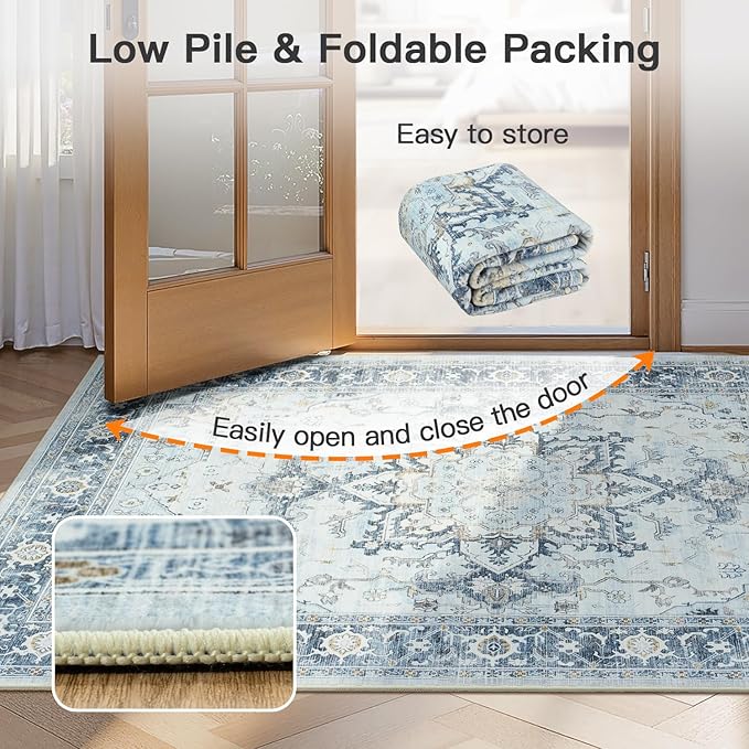 Lofus 6x9 Area Rugs for Living Room, Machine Washable Non-Slip Area Rug, Low Pile Large Rugs for Bedroom, Kitchen, Dining Room, Home Office, Vintage Oriental Print Rug, Blue Gold