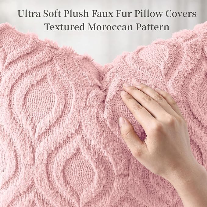 decorUhome Throw Pillow Covers 22x22 Inch Set of 2, Soft Plush Faux Wool Pink Solid Couch Pillow Covers, Accent Euro Sham Farmhouse Neutral Square Pillow Cases for Sofa Bed Living Room