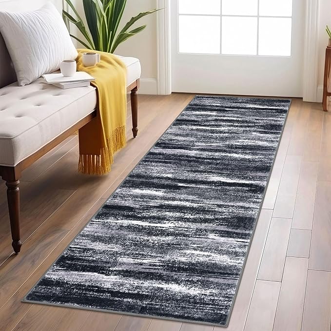 Lansny Modern Abstract Runner Rug 2x6, Black Grey Washable Entryway Runner Non-Slip Soft Hallway Rug Runner Thin Print Faux Wool Carpet for Kitchen Bedroom Laundry Room Indoor