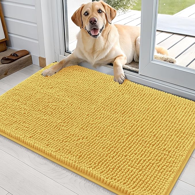OLANLY Dog Door Mat for Muddy Paws 35x24, Absorbs Moisture and Dirt, Absorbent Non-Slip Washable Doormat, Quick Dry Chenille Mud Mat for Dogs, Entry Indoor Entryway Carpet for Inside Floor, Yellow
