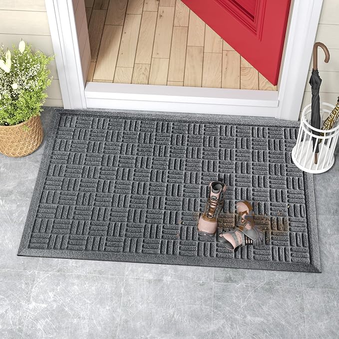 Mibao Front Door Mat Indoor Outdoor Entrance, Dirt Trapping Waterproof All-Season, All-Weather Doormat, Non-Slip Durable Natural Rubber Low Profile Easy Clean Patio Entrance Mat, 29.5" x 17", Grey