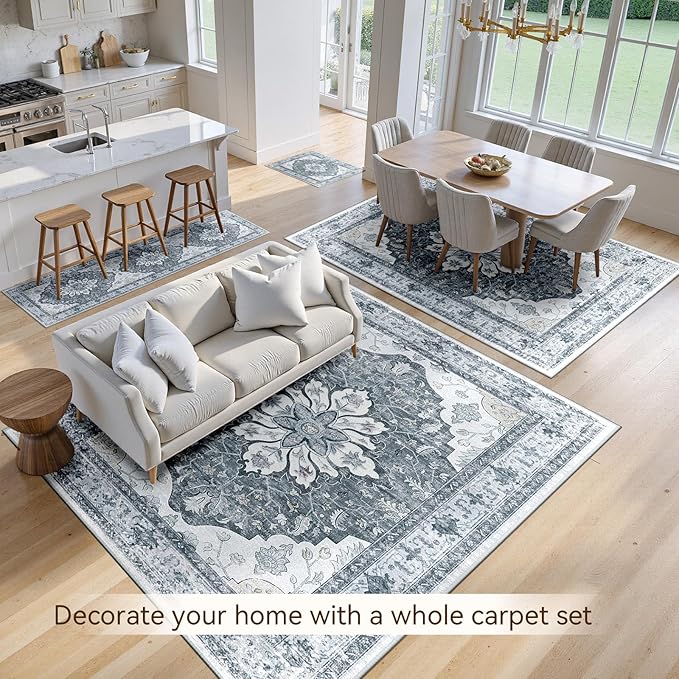 RELEANY Area Rugs 5'x8' Washable Non-Slip, Floral Vintage Distress Print Pattern Medallion Carpet for Living Room Bedroom Dining Room, Light Gray Grey White