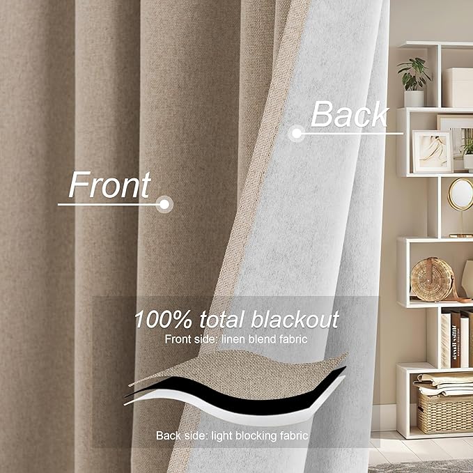 RYB HOME 100% Blackout Flax Linen Curtains 90 Inch Long, Light Block and Thermal Insulated Drapes, Total Blackout Curtains for Living Room/Bedroom/Nursery, 2 Panels, 52 Inch Wide, Mocha