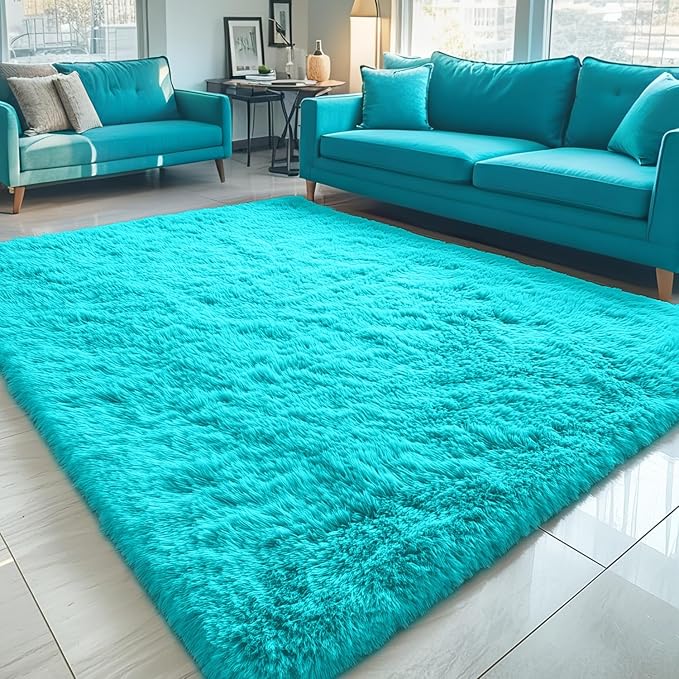OLANLY 5x8 Machine Washable Large Area Rugs for Living Room, Bedroom, Soft Fluffy Shaggy Bedside Rug, Indoor Floor Carpet for Kids Girls and Boys, Dorms, Nursery, Home Decor Aesthetic, Teal Blue