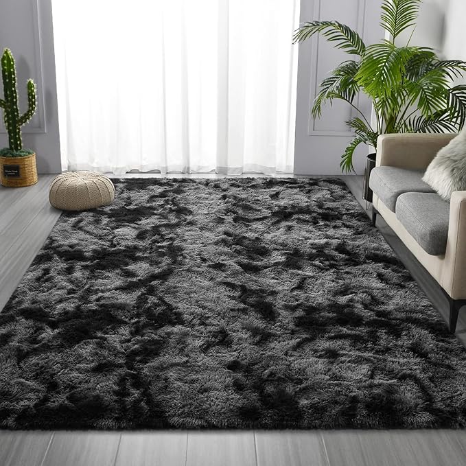Deerhoo Shag Area Rug, 4 X 6 Tie-Dyed Plush Fuzzy Rugs for Living Room, Ultra Soft Fluffy Furry Rug for Bedroom, Indoor Carpet Nursery Rugs for Kids Room Home Decor, Dark Grey