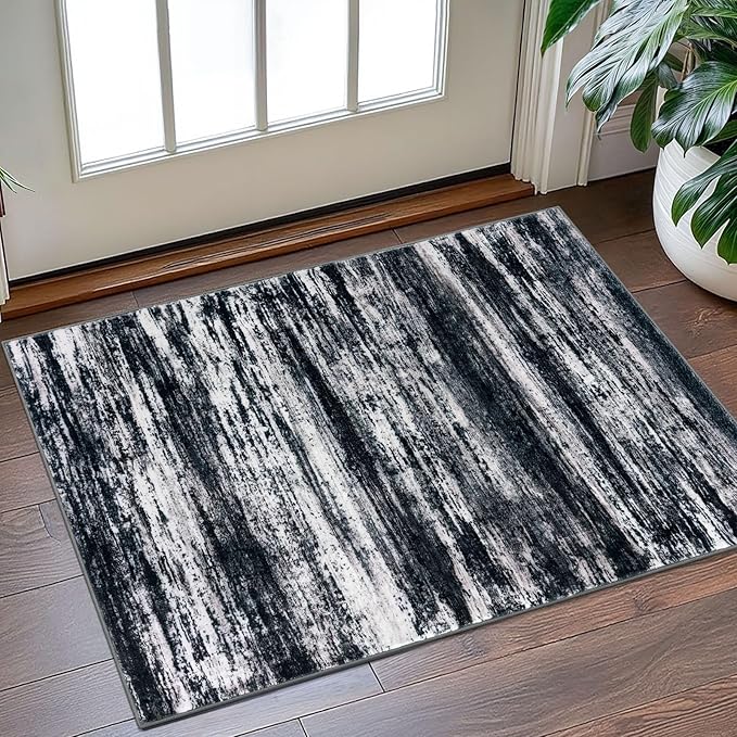 KOZYFLY Modern Abstract Small Area Rugs, 2x3 Washable Kitchen Rug Non-Slip Soft Small Bathroom Rug, Black Navy Blue Grey Striped Entryway Rugs Faux Wool Doormat for Bedside Entrance Bedroom Sink