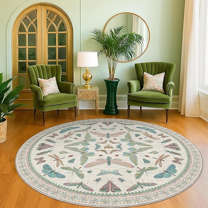 Hazo Haus Green and Blue Insect 6ft Round Soft Rugs for Nursery, Bedroom Beside Bed - Non Skid Rug Low Pile Washable Living Room Rugs, Forest Butterfly Design Stain Resistant Home Décor