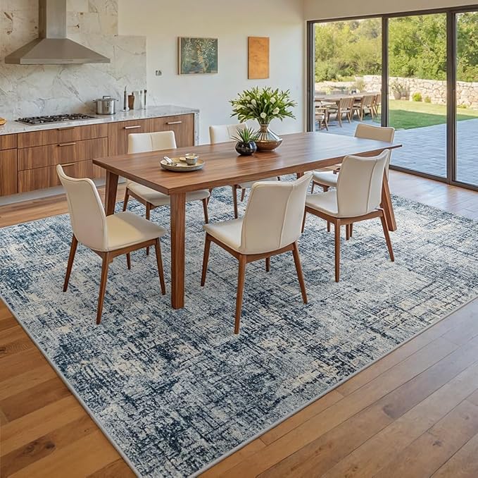 9x12 Area Rugs for Living Room Washable Rug: Anti-Skid Abstract Modern Living Room Rug Soft Thin Carpets Indoor Floor Non-Shedding Carpet for Bedroom Dining Farmhouse Nursery Home Office Blue Gold