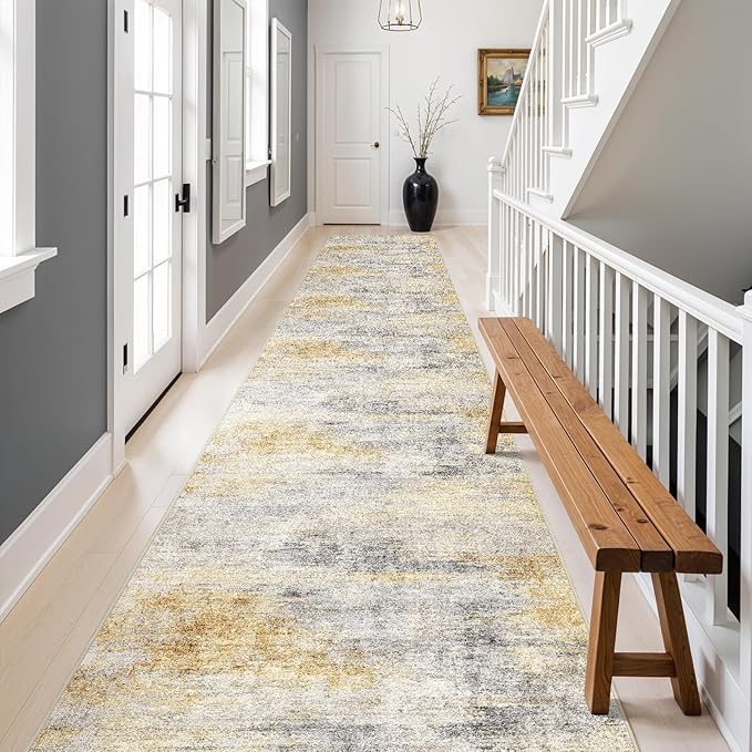3x20 Washable Kitchen Runner Rug: Modern Abstract Runners for Hallway Soft Non Slip Rugs with Rubber Backing Low Pile Thin Floor Carpet for Entryway Bedroom Bathroom Bedside Indoor(Grey/Yellow,3x20)