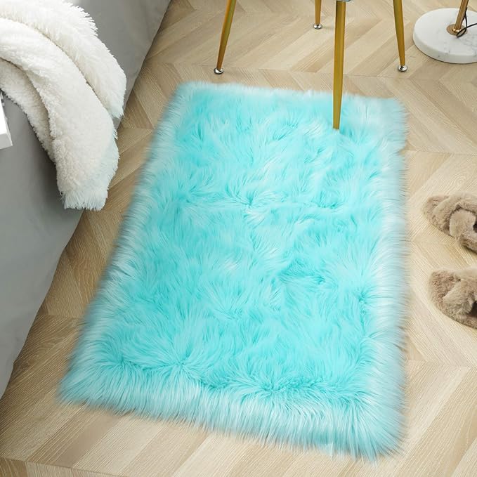 LOCHAS Soft Fluffy Faux Fur Rugs for Bedroom Bedside Rug 2x3 Feet, Washable, Furry Sheepskin Area Rug for Living Room Girls Room, Luxury Shag Carpet Home Decor, Blue
