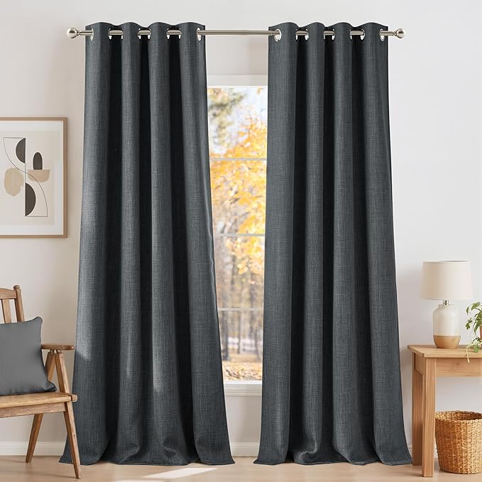 NICETOWN Faux Linen Charcoal Gray Blackout Curtains 84 inches Long for Living Room - Privacy Panels for Bedroom, Modern Farmhouse Style Easy Care Grommet Top, 2 Panels, W52 by L84