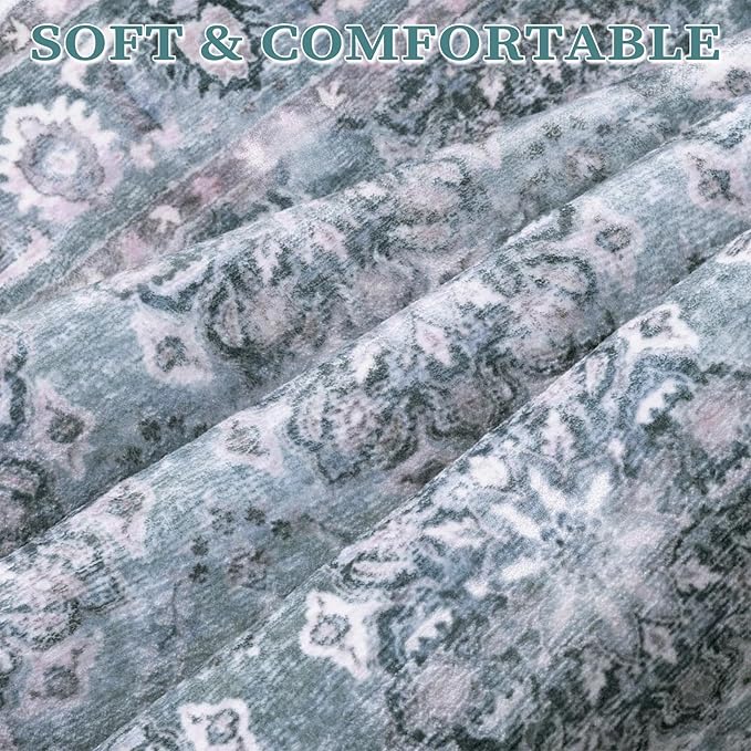 SERISSA Area Rug 4x6 Boho Rugs for Bedroom, Washable Non-Slip Living Room Rugs, Ultra Soft Print Distressed Low-Pile Throw Rug Blue Grey Carpet for Nursery Dorm Kitchen Living Room Decor