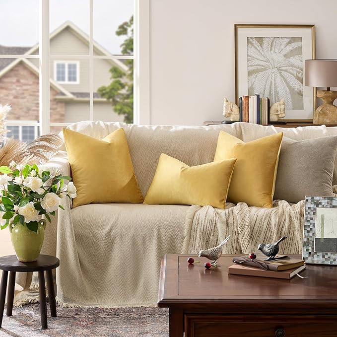 GIGIZAZA Decorative Couch Throw Pillow Covers,Set of 2 Yellow Square Pillow Cushion Covers 26x26,Pillow Cases Velvet Pillow Covers
