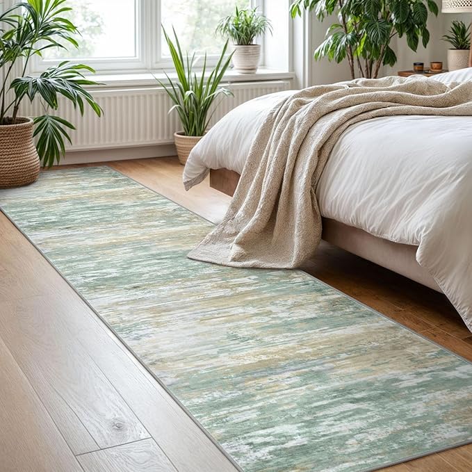 KOZYFLY Modern Abstract Hallway Runner Rug, 2x8 Kitchen Rugs Non-Slip Washable Soft Striped Runner Rugs, Print Light Green Yellow Carpet Runner for Entryway Bathroom Laundry Room Foyer