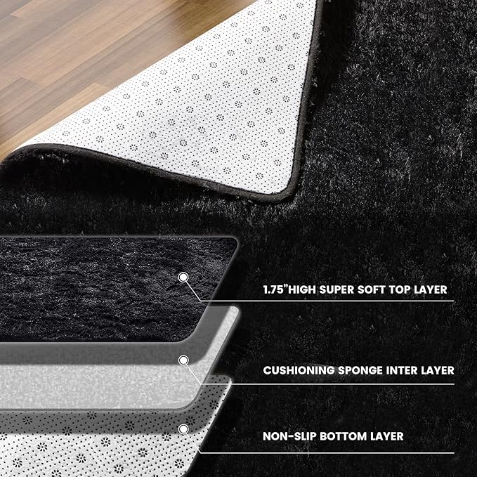 Luxury 6x9 Modern Indoor Home Living Room Area Rugs, Large Fluffy Shag Fuzzy Plush Soft Bedroom Area Rugs, Carpet for Kids Boys Girls Dorm Nursery Home Decor Aesthetic, Non-Skid, Black