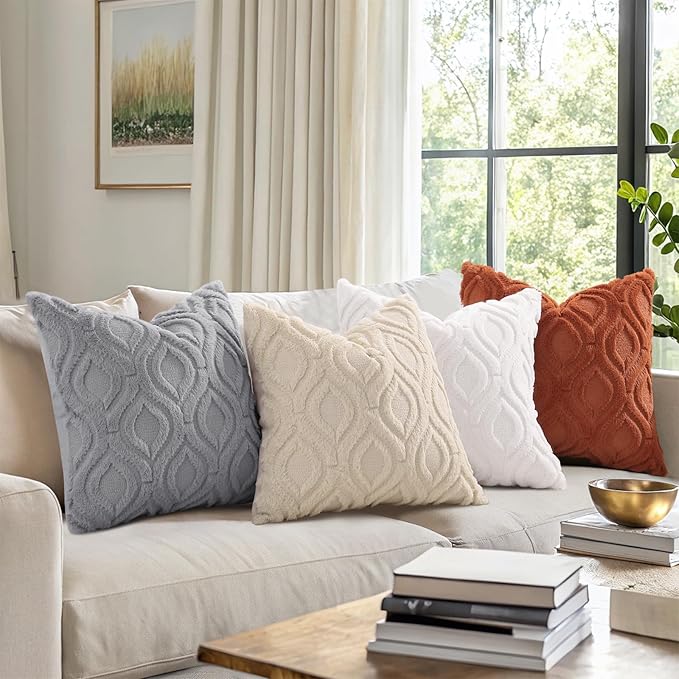 decorUhome Throw Pillow Covers 22x22 Inch Set of 2, Soft Plush Faux Wool Cream White Solid Couch Pillow Covers, Accent Euro Sham Farmhouse Neutral Square Pillow Cases for Sofa Bed Living Room