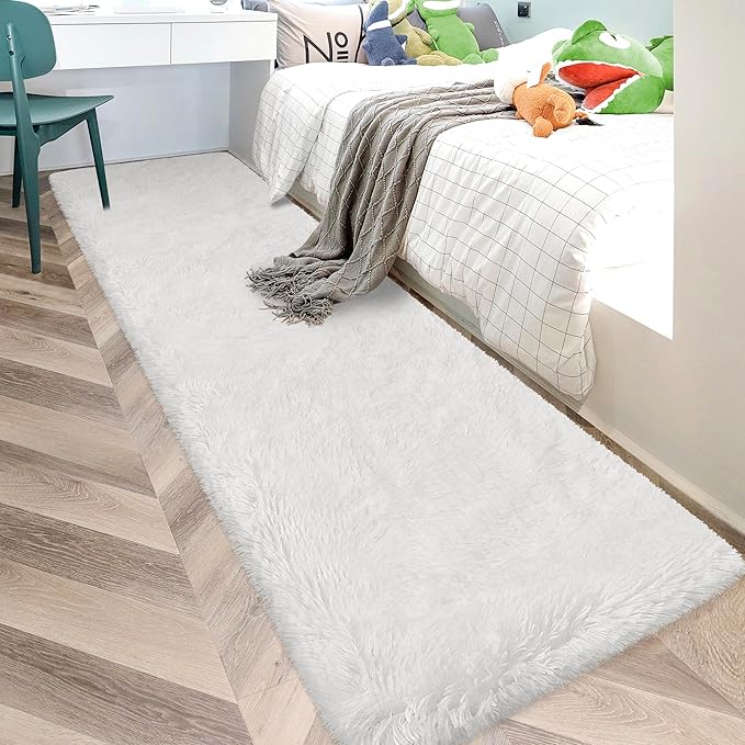 Runner Rug for Bedroom White 2x10ft Fluffy Area Rug Bedside Runner Rug for Kids Room Boys Teens Nursery Baby Living Room Dorm Home Decor Carpets Kid Sbedroom Rug