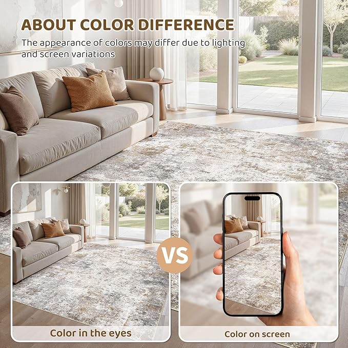 5x7 Area Rug Living Room Rugs - Washable Neutral Modern Abstract Soft Thin Large Rug Indoor Floor No Slip Rug Carpet for Bedroom Under Dining Table Home Office Decor - Brown Grey