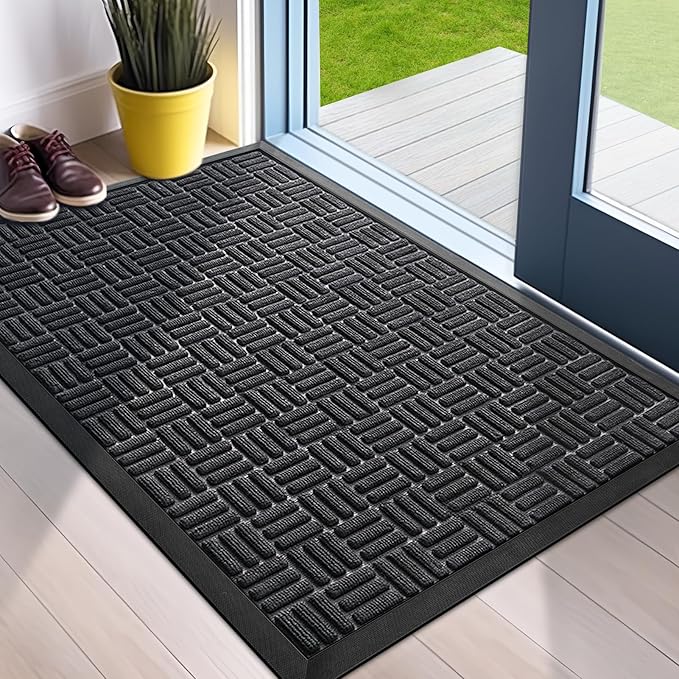 Mibao Front Door Mat, Heavy Duty Durable Welcome Mat for Outdoor Indoor, Dirt Trapper Waterproof Super Absorbent Door Mat for Entryway Outside Patio Porch, 35.5" x 24", Black
