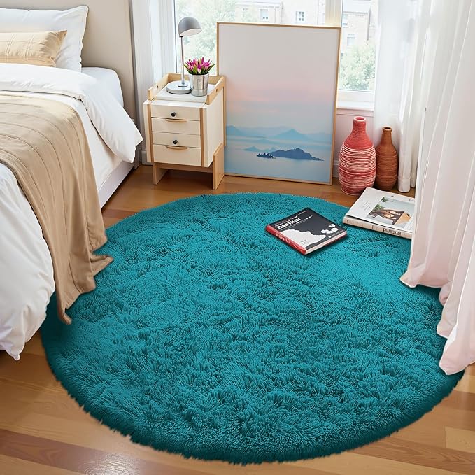 OLANLY Teal Round Rugs for Bedroom - Machine Washable, 4 ft Circle Area Rugs for Living Room, Soft and Fluffy Shaggy Carpet for Teen Girl and Boys, Nursery Rooms, Dorms, Home Decor Aesthetic