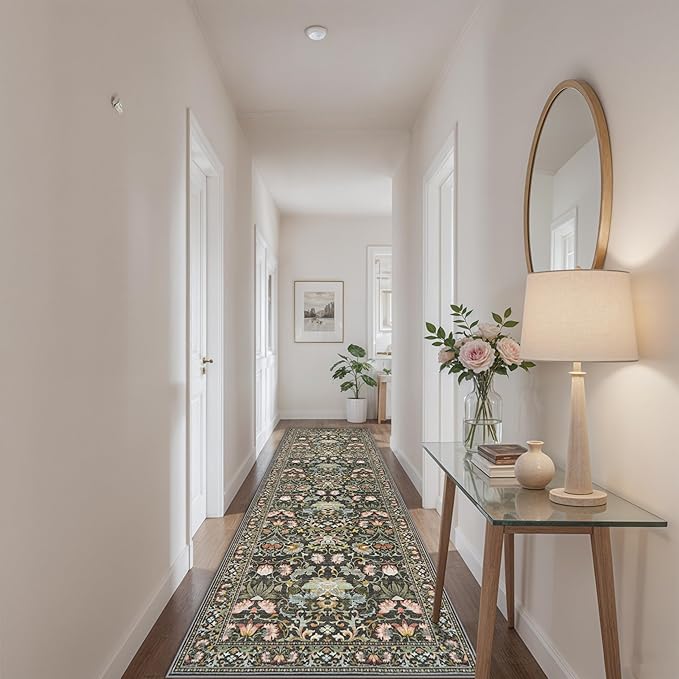 Wide Hallway Washable Runner Rug: 3x10 Water-Resistant Entryway Area Rug Vintage Soft Carpet for Living Room Non Slip Indoor Farmhouse Floor Mat for Bathroom Laundry Room(3x10,Green)