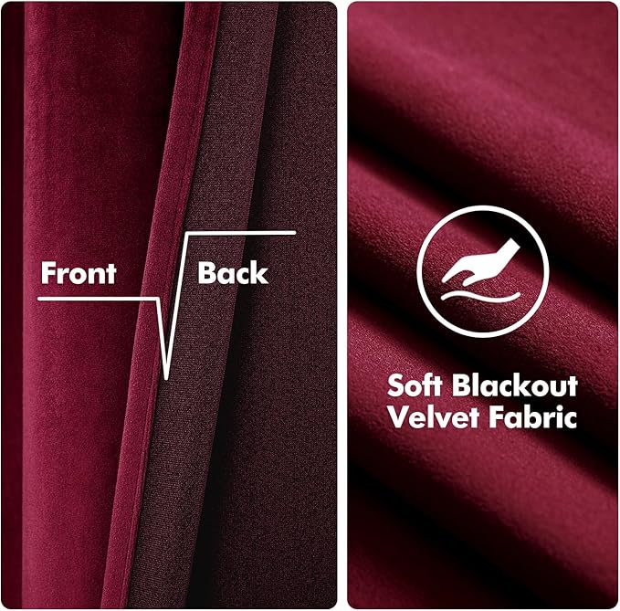 MIULEE Christmas Burgundy Velvet Curtains Solid Soft Red Blackout Curtain Grommet Top Thermal Soundproof Room Darkening Curtains/Drapes/Panels for Living Room Bedroom 52 x 90 Inch 2 Panels