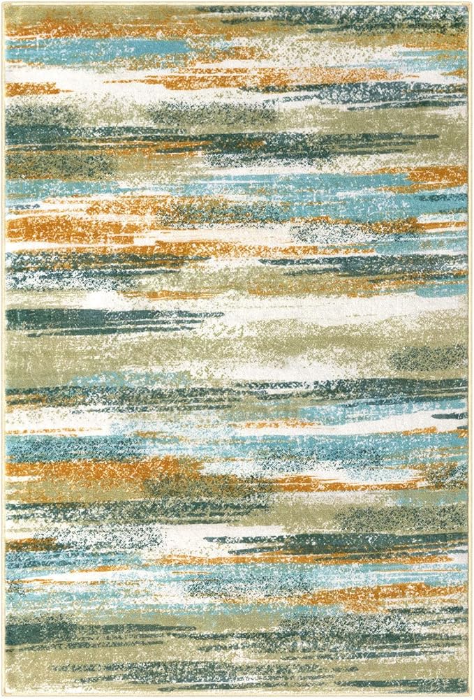 Lansny Modern Abstract 8x10 Large Machine Washable Living Room Rug Non-Slip Soft Bedroom Area Rug Green Mustard Multi Ultra Thin Print Faux Wool Carpet Throw Rugs for Playroom Dining Room Indoor