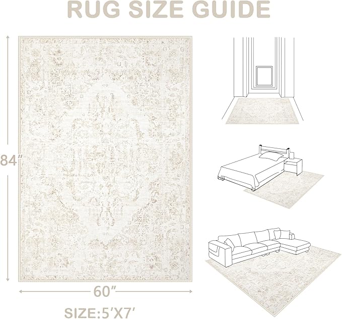 5x7 Area Rugs for Living Room: Washable Rug Vintage Large Rugs Soft Non Slip Low Pile Rug Floral Distressed Floor Carpet for Bedroom Kitchen Nursery Dining Room Home Office (Beige, 5'x7')