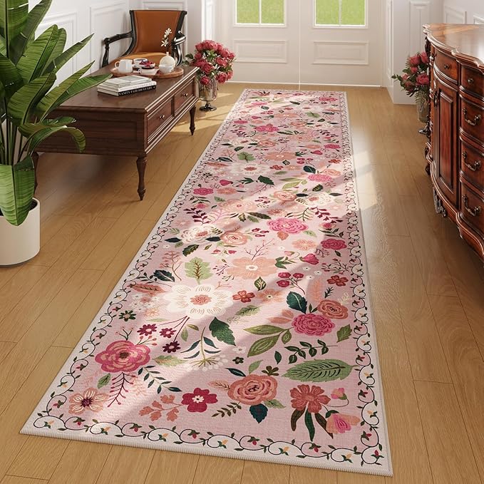 Rugcomf Runners for Hallways Kitchen Runner Rug Non Slip 2'x 10' Long Washable Rugs with Rubber Backing Soft Floral Carpet Runner for Hallways, Kitchen, Laundry, Bedroom, Bathroom(Pink)