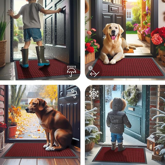 Smiry Front Door Mat Outside Entrance, Heavy Duty Natural Rubber Doormat, Non Slip, Trap Dirt and Moisture, Easy Clean, Low Profile Welcome Floor Mats for Indoor Outdoor Entry, 47x32 Inch, Red