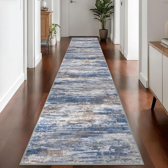 KOZYFLY Modern Abstract Washable Rug Runner 2.6x14 Hallway Rug Runner Non-Slip Soft Kitchen Runner Rugs, Blue Rust Striped Carpet for Entryway Bathroom Laundry Room Foyer