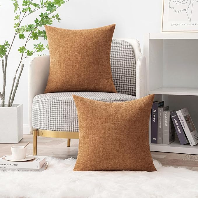 MIULEE Pack of 2 Brown Throw Pillow Covers 20x20 Inch Soft Chenille Pillow Covers for Sofa Living Room Couch Solid Dyed Cases