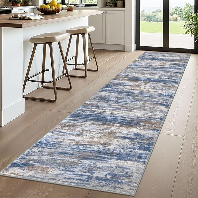 KOZYFLY Modern Abstract Washable Rug Runner 2.6x10 Hallway Rug Runner Non-Slip Soft Kitchen Runner Rugs, Blue Rust Striped Carpet for Entryway Bathroom Laundry Room Foyer