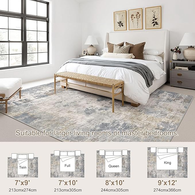 UERMEI 7x9 Area Rug Living Room Rugs - Washable Neutral Modern Abstract Soft Thin Large Rug Indoor Floor No Slip Rug Carpet for Bedroom Under Dining Table Home Office Decor - Blue Grey