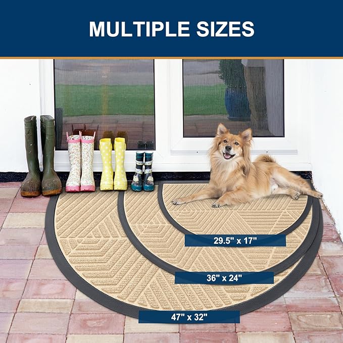 Smiry Half Circle Front Door Mat Outside Entrance, Heavy Duty Sturdy Natural Rubber Doormat, Trap Dirt and Moisture, Low Profile Mats for Indoor Outdoor Entry, Irregular Triangle (35x23, Beige)