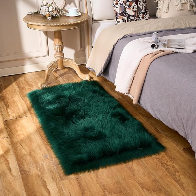 EasyJoy Ultra Soft Fluffy Shaggy Area Rug Faux Fur Rug Chair Cover Seat Pad Fuzzy Area Rug for Bedroom Floor Sofa Living Room (2 x 4 ft Rectangle, Dark Green)