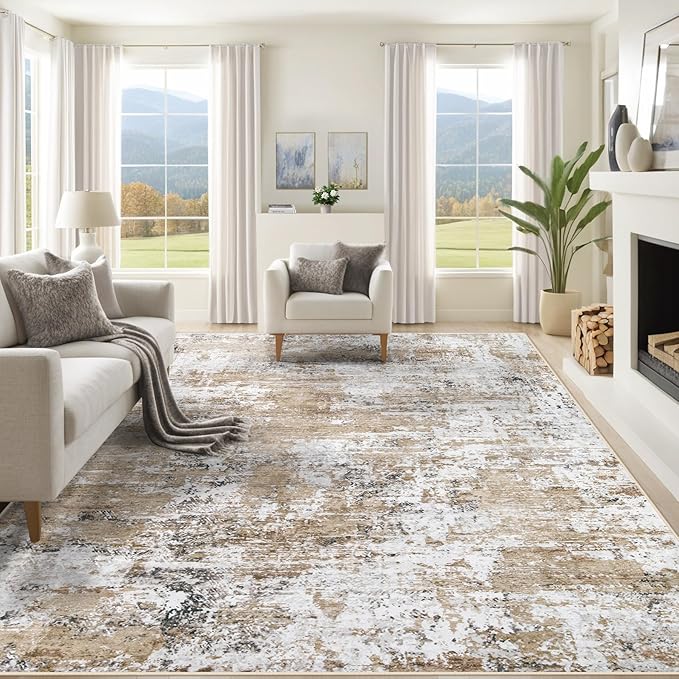 XLUEZ 8x10 Area Rugs for Living Room, Washable Modern Abstract Large Area Rug Neutral Soft Non Slip Kids Rug Stain Resistant Indoor Carpet for Bedroom Nursery Dining Room Playroom(Beige, 8'x10')