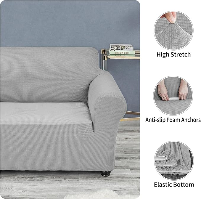 Joccun Stretch Loveseat Couch Cover Slipcover, 1-Piece Sofa Cover for 2 Cushion Couch Spandex Jacquard Washable Furniture Protector Cover for Living Room,Kids,Pets（Loveseat,Silver）