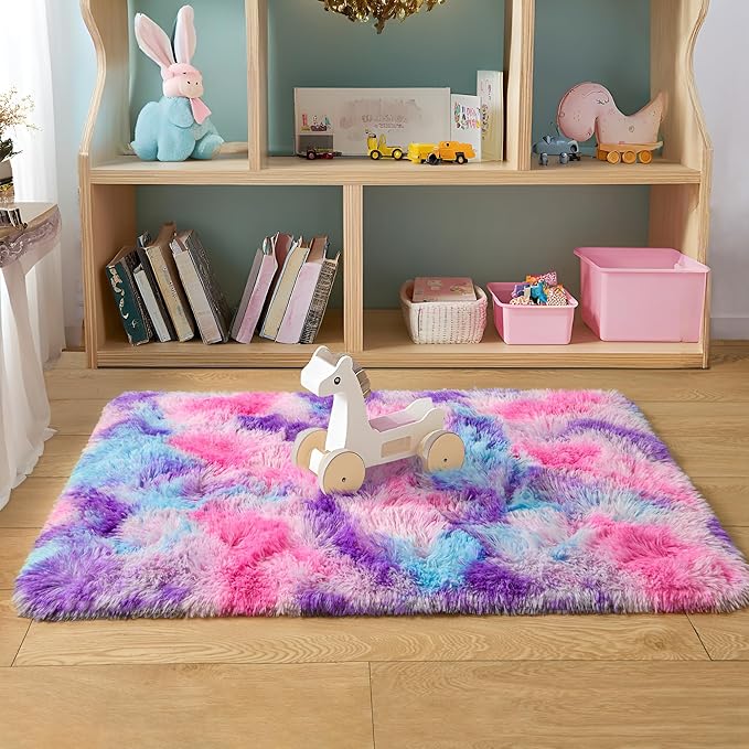 Tepook Soft Rainbow Rug for Girls Room, Cute Fluffy Girls Bedroom Rugs, 2x3 Feet Shaggy Princess Rug Colorful Carpet for Kids Teens Toddler Playroom Nursery Reading Nook, Hot Pink