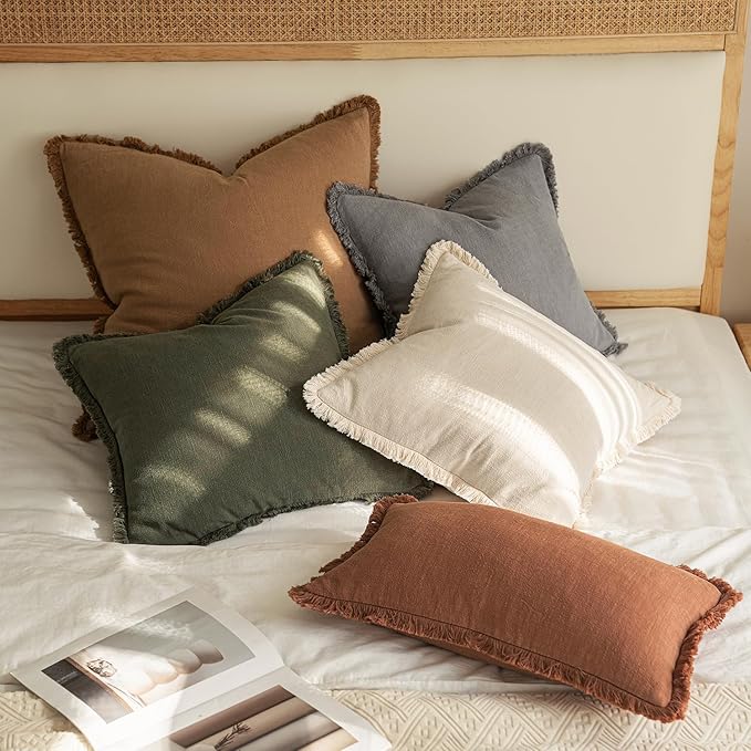 MIULEE Decorative Throw Pillow Covers Neutral Linen Fringe Throw Pillows Set of 2 Olive Green Boho Farmhouse Cushion Covers with Tassels for Couch Sofa Bed Living Room Spring Home Decor 20x20 Inch