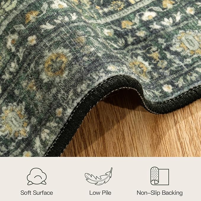 Lofus 4ft Area Rugs for Living Room, Green Washable Area Rug with Non-Slip Backing,Soft Boho Carpets for Bedroom Dining Room Home Office Indoor Nursery