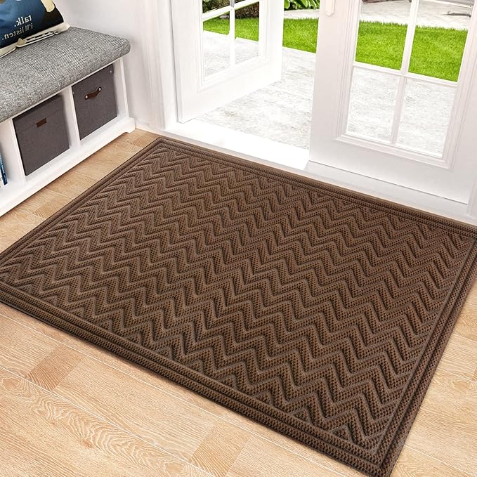 Mibao Front Door Mat, Dirt Trapper Welcome Mat for Outdoor Indoor, Non-Slip Waterproof Doormat, Durable Machine Washable Low Profile Entry Rug for Back Door Outside Patio, 35.5" x 24", Coffee Wave