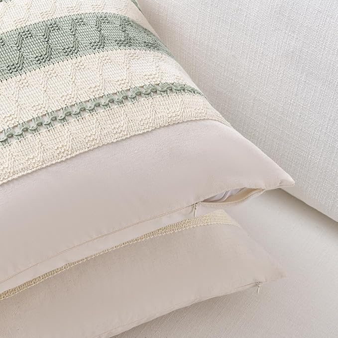 Fancy Homi Set of 1 Sage Green Boho Lumbar Decorative Throw Pillow Covers 14x24 Inch for Living Room Bedroom Couch Bed Sofa, Rustic Retro Cushion Case, Bohemian Room Home Decor