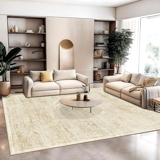 Washable Area Rug 9x12, Large Soft Rugs for Living Room Vintage Beige Rug 9x12 Area Rugs for Bedroom Dining Room Floral Non-Slip Thin Rug