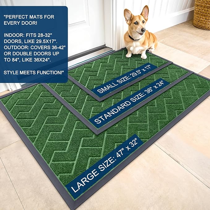 OLANLY Front Door Mat Indoor Outdoor Entrance, Waterproof All-Season, All-Weather Doormat, Sturdy Natural Rubber, Low Profile, Easy Clean Patio Porch Entryway Mat, Herringbone Brick (Green, 47x17)