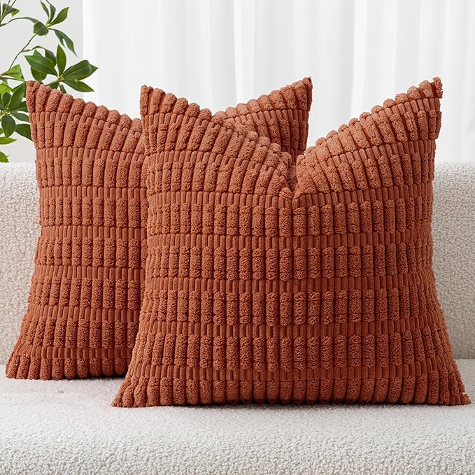 MIULEE Pack of 2 Rust Corduroy Decorative Pillow Covers 20x20 Inch Soft Boho Striped Throw Pillow Covers Modern Farmhouse Home Decor for Summer Sofa Living Room Couch Bed