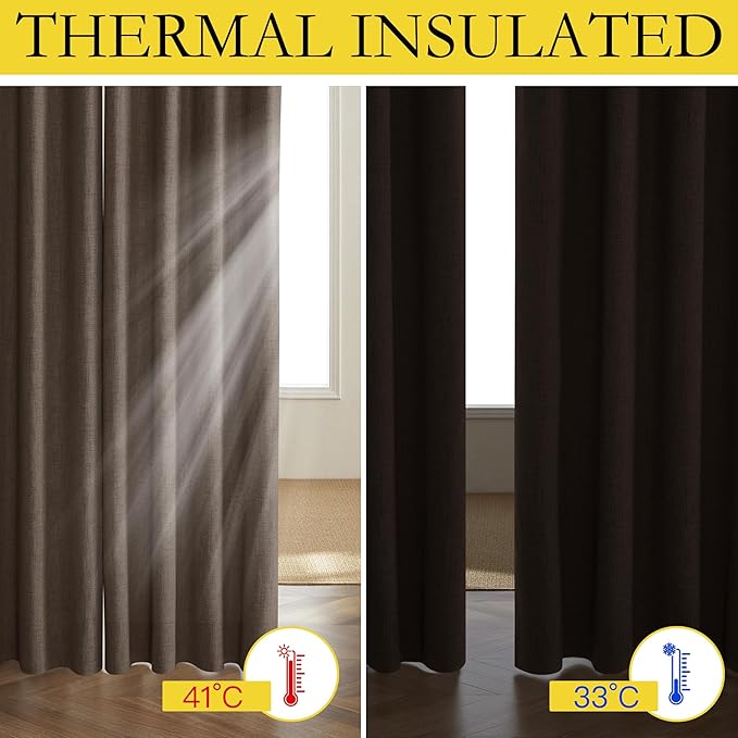 NICETOWN Coffee Vintage Linen 100% Blackout Curtains for Kitchen, Thermal Insulated Curtains 63" Long, Noise Reducing Window Treatment Drapes for Dorm Room, 62" Wide Per Panel, Set of 2