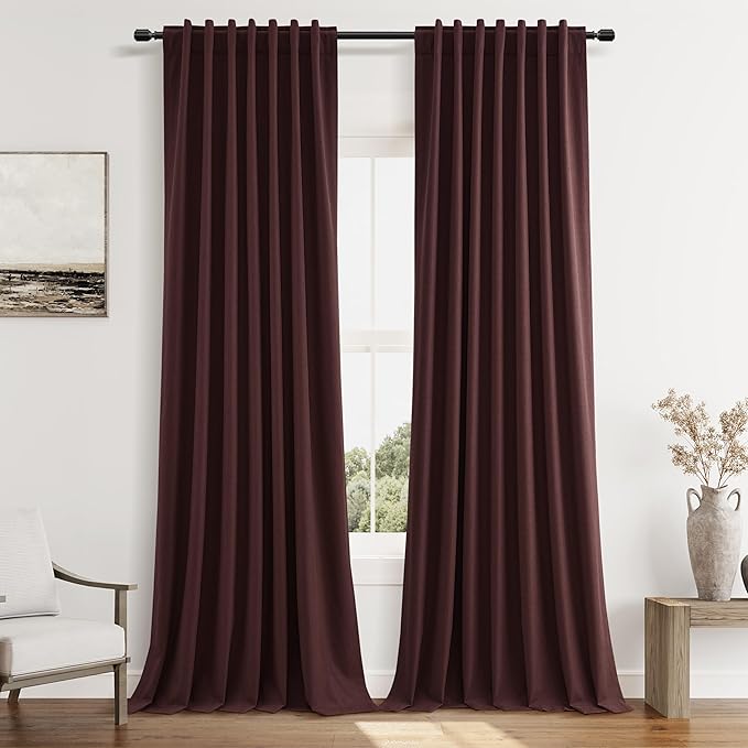 Guken 100% Blackout Curtains 84 Inch Length 2 Panels Set for Living Room Bedroom Back Tab Thermal Insulated Black Out Linen Drapes Room Darkening Reddish Brown,52x84