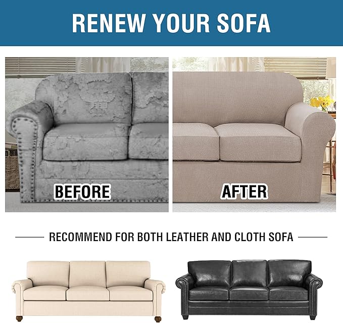 4 Piece Stretch Sofa Covers for 3 Cushion Couch Covers Furniture Slipcovers (1 Base Cover Plus 3 Seat Cushion Covers) Thicker Jacquard Fabric Cover (XL Sofa, Khaki Sand)